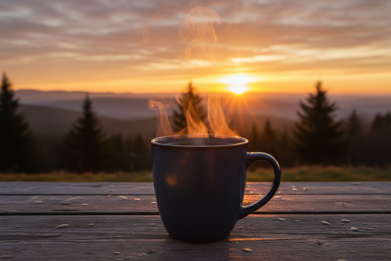 steaming mug of coffee and sunrise